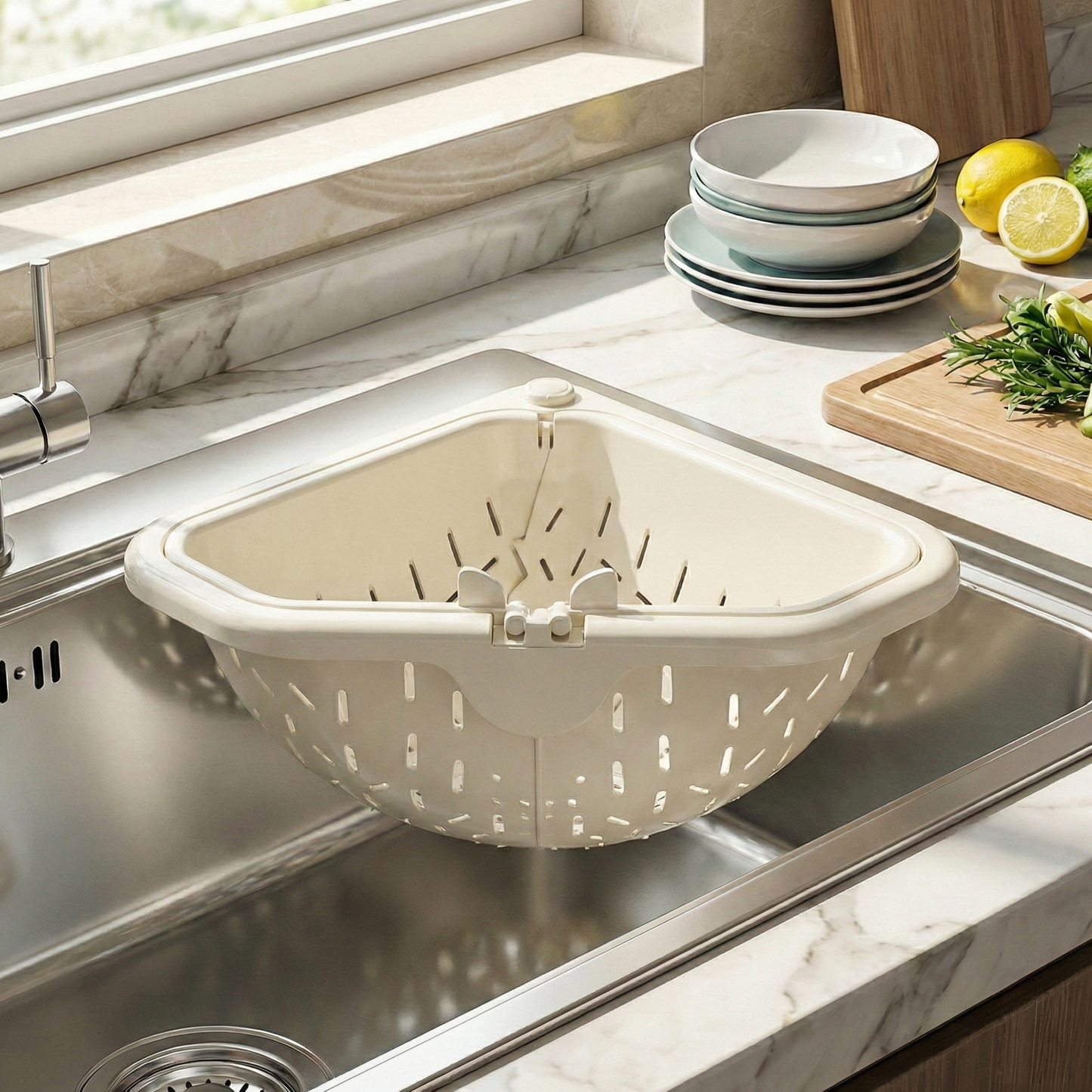 `MCOIKY® Magnetic draining triangular kitchen sink filter for storing food scraps, leftovers, and kitchen waste.