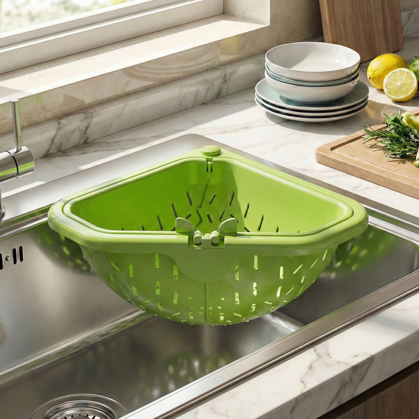 `MCOIKY® Magnetic draining triangular kitchen sink filter for storing food scraps, leftovers, and kitchen waste.