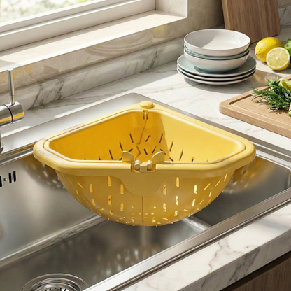 `MCOIKY® Magnetic draining triangular kitchen sink filter for storing food scraps, leftovers, and kitchen waste.