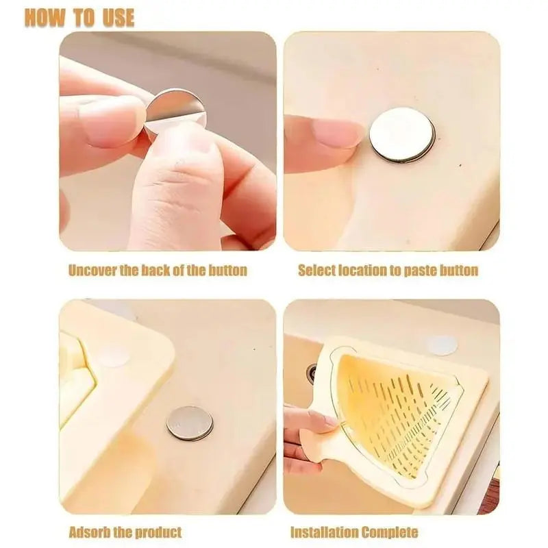 `MCOIKY® Magnetic draining triangular kitchen sink filter for storing food scraps, leftovers, and kitchen waste.