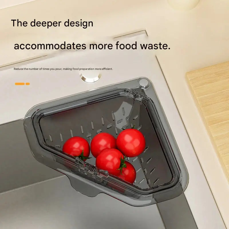`MCOIKY® Magnetic draining triangular kitchen sink filter for storing food scraps, leftovers, and kitchen waste.