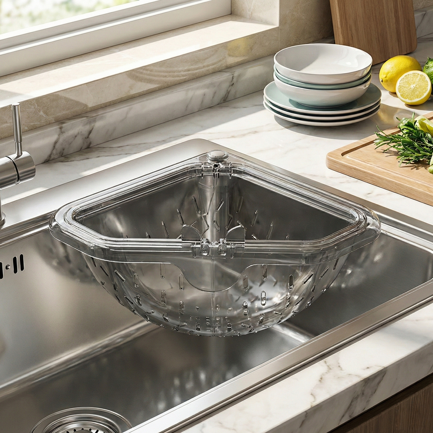 `MCOIKY® Magnetic draining triangular kitchen sink filter for storing food scraps, leftovers, and kitchen waste.