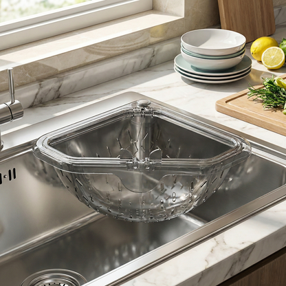 `MCOIKY® Magnetic draining triangular kitchen sink filter for storing food scraps, leftovers, and kitchen waste.